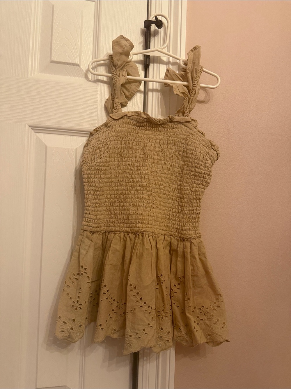Smocked Eyelet shirt in Tan